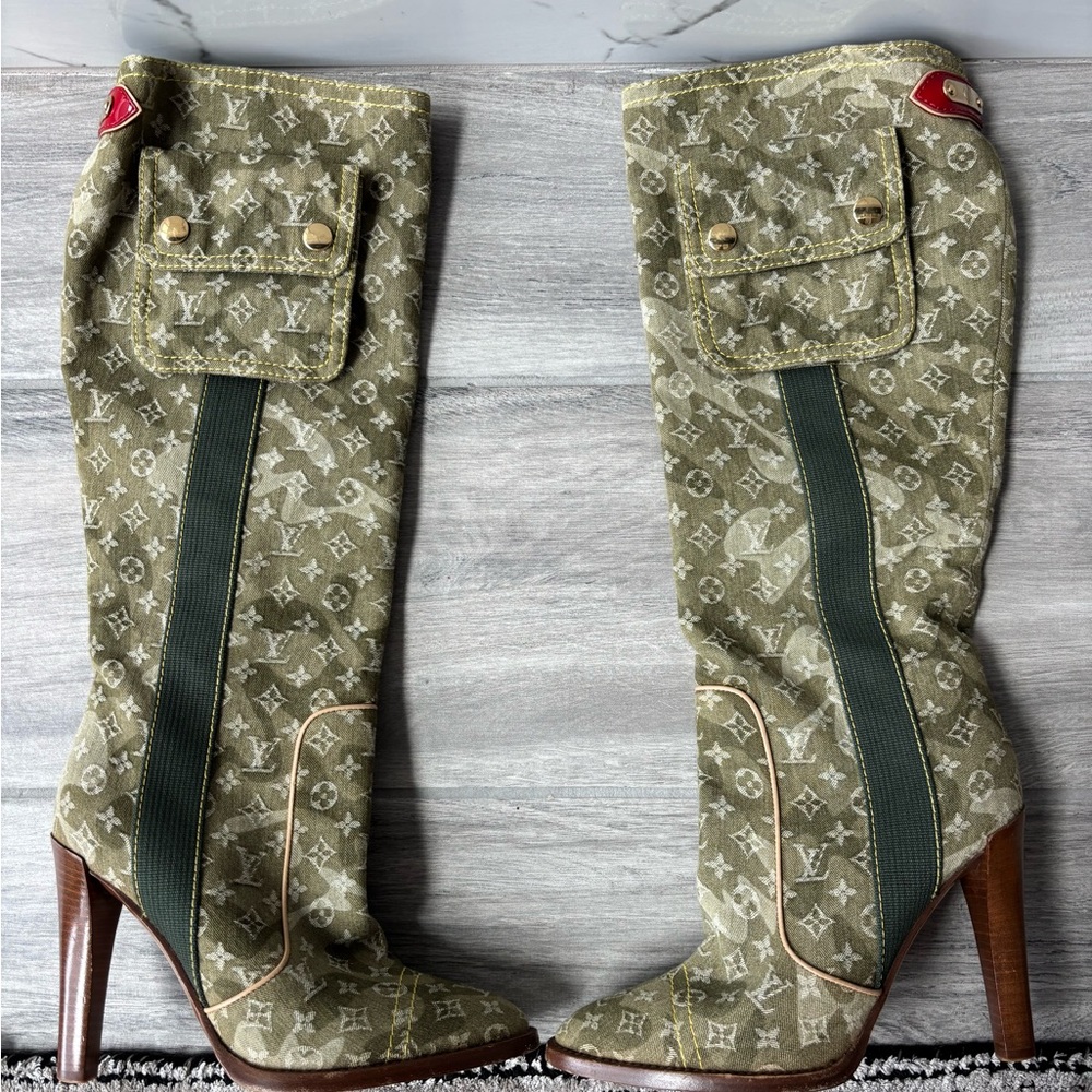 Louis Vuitton Green/ Brown Heeled Boots w/ Military-Inspired Design. Fit  a 7.